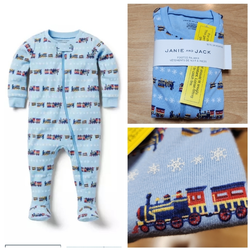 NWT Janie and Jack Train Snowflake Express Blue Footed Pajamas 18-24 Months